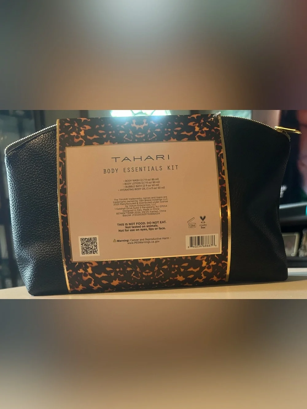 Tahari Black Pebbled Cosmetic Clutch with Leopard Accent Box
